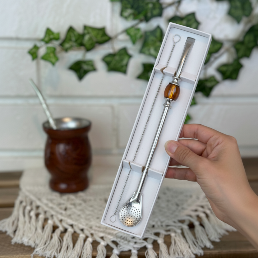 Premium Stainless Steel Bombilla Straw for Yerba Mate with Cleaning Brush | White Box