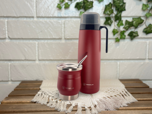 Stainless Steel Yerba Mate Set, Termolar R-Evolucion Flask, Mate Cup, Mate Straw, Burgundy