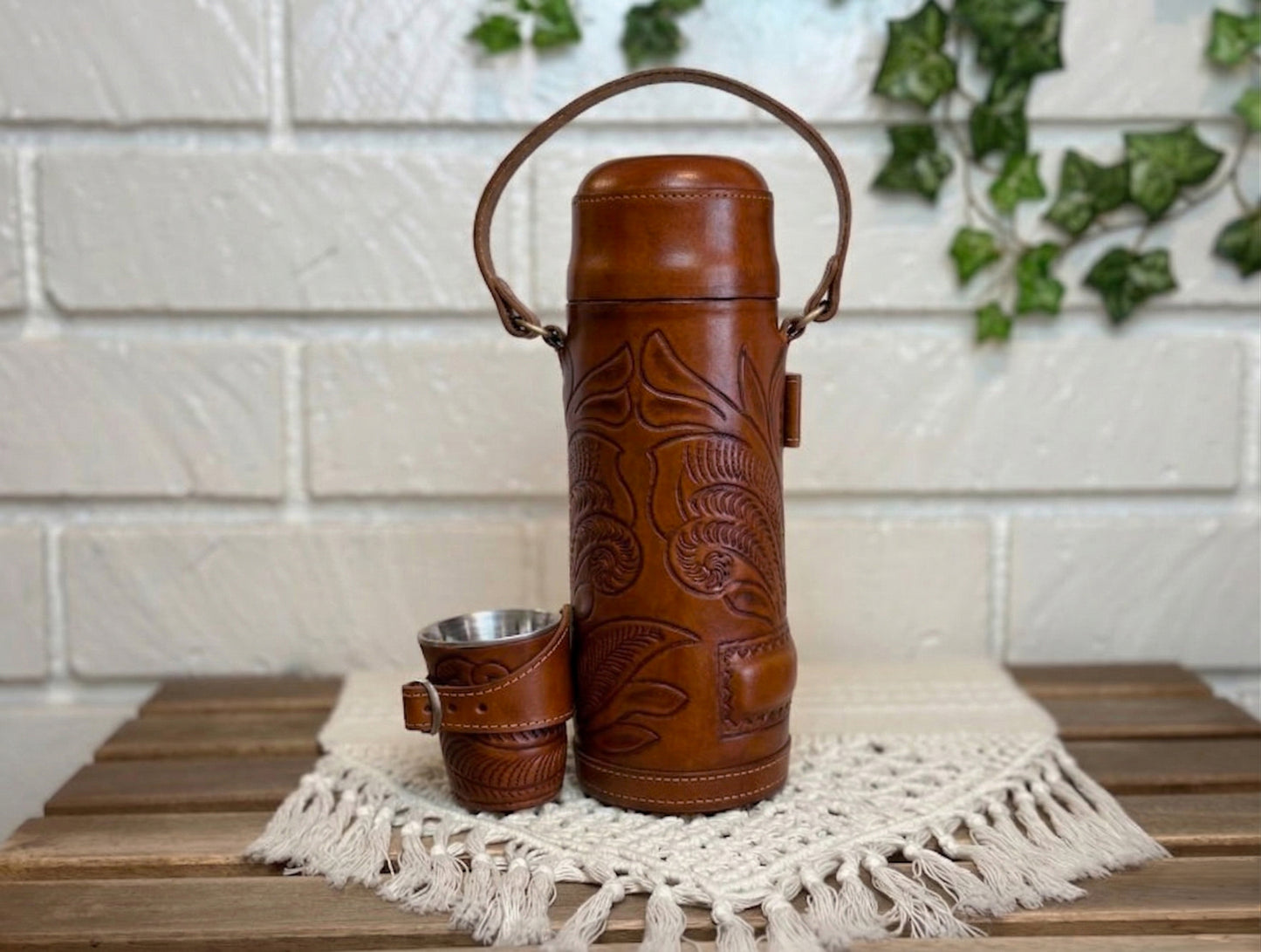 Full Mate Set - Leather-Wrapped Termo, Mate Cup & Bombilla (Straw) - Brown