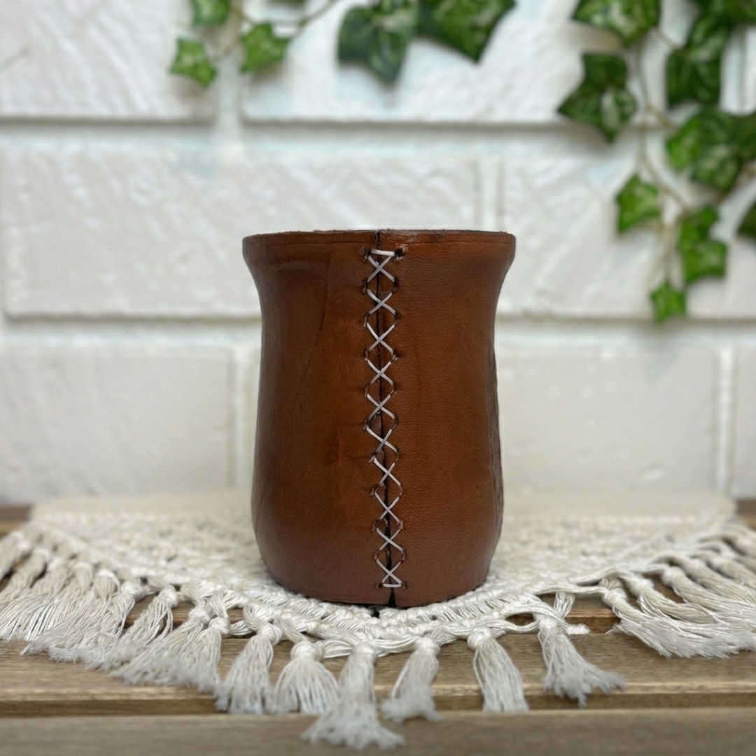 Leather-Wrapped Stainless Steel Yerba Mate Cup with Straw, Cleaning Brush, Brown 260 ml