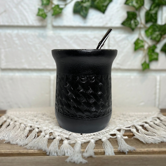 Leather-Wrapped Stainless Steel Yerba Mate Cup with Straw, Cleaning Brush, Black 260 ml