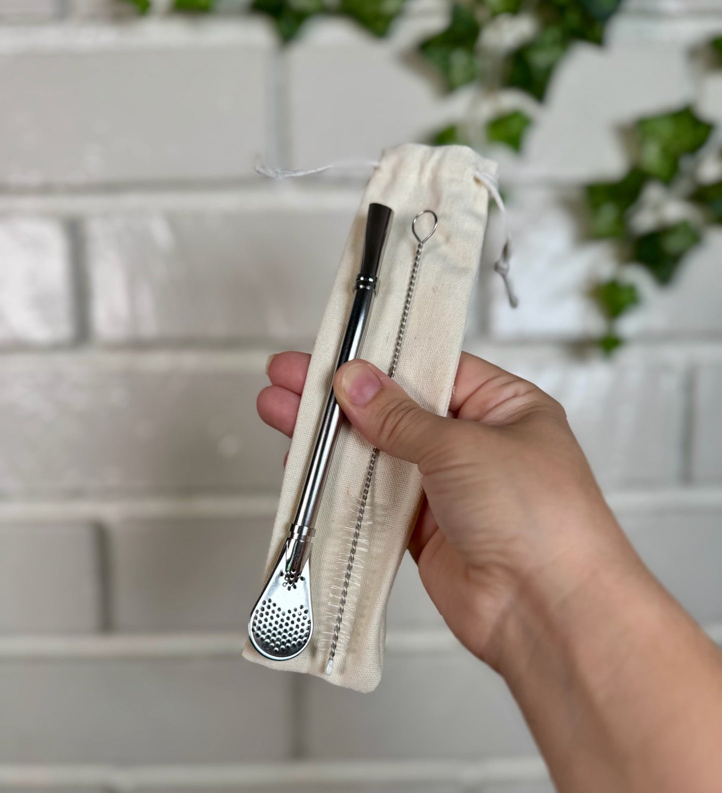 Stainless Steel Yerba Mate Bombilla with Cleaning Brush and Pouch