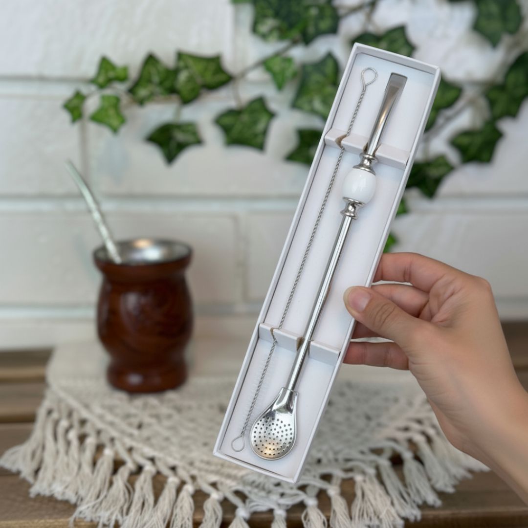 Premium Stainless Steel Bombilla Straw for Yerba Mate with Cleaning Brush | White Box