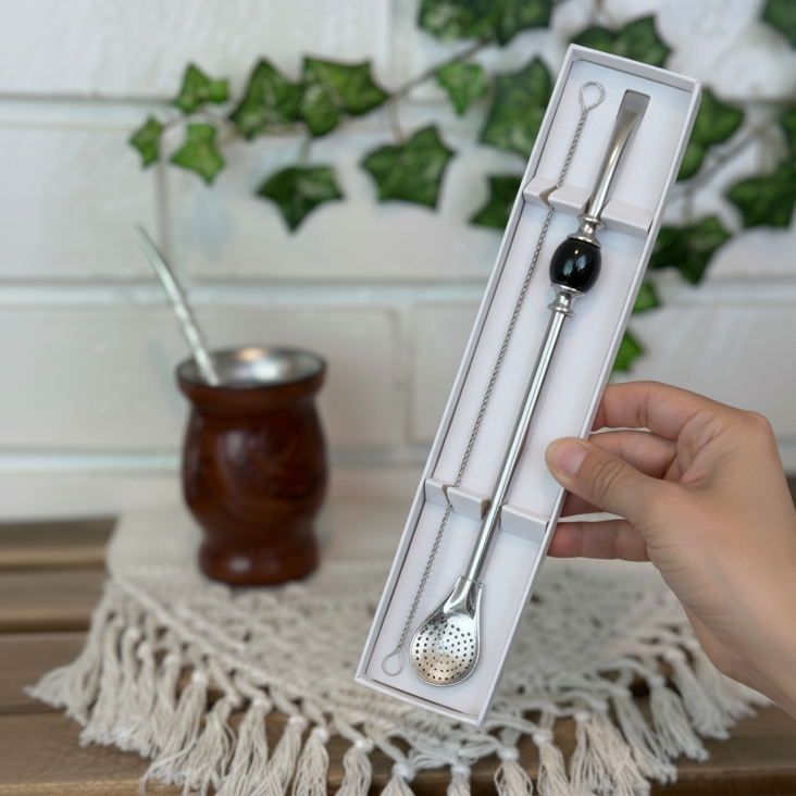 Premium Stainless Steel Bombilla Straw for Yerba Mate with Cleaning Brush | White Box