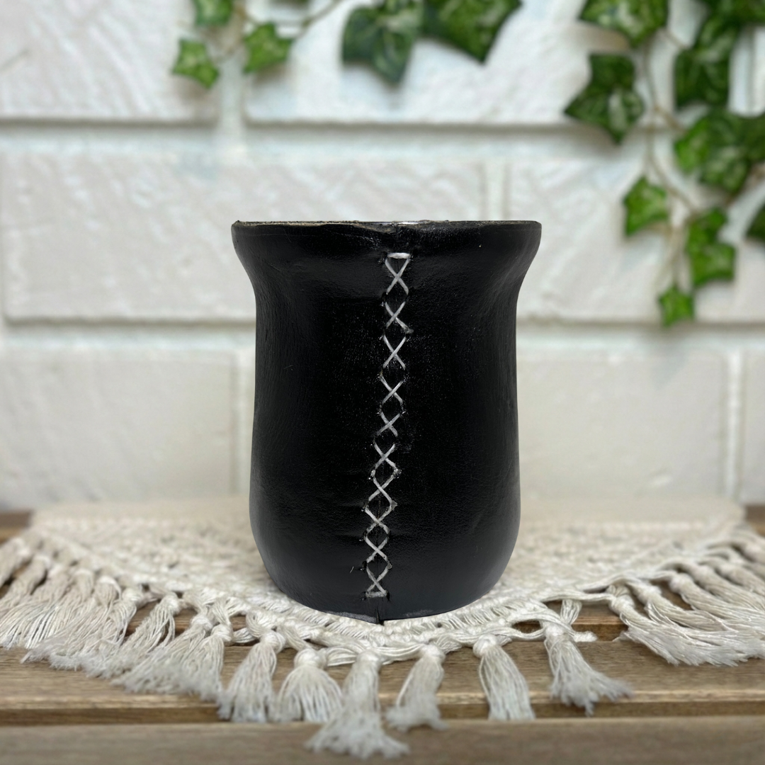 Leather-Wrapped Stainless Steel Yerba Mate Cup with Straw, Cleaning Brush, Black 260 ml