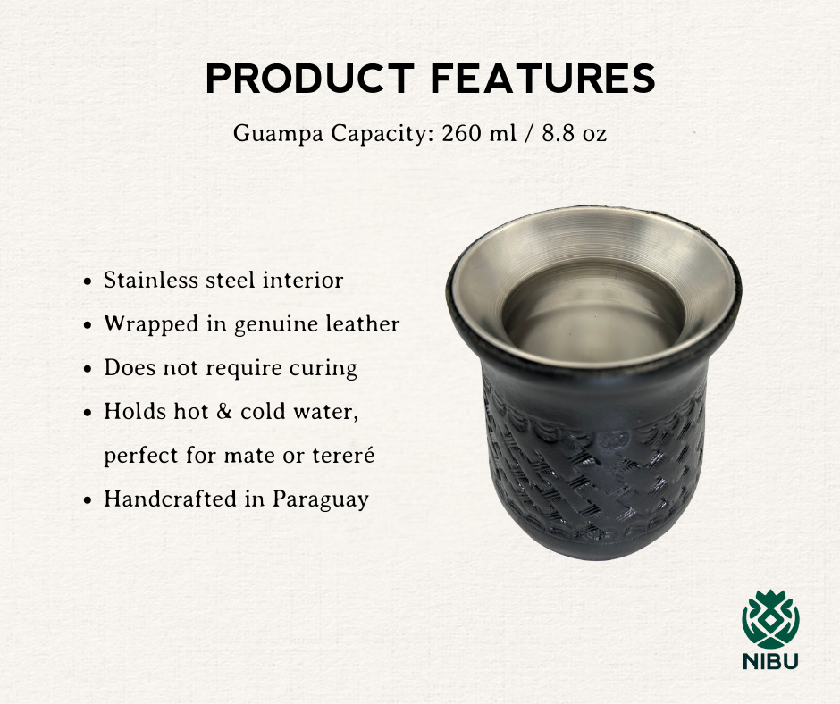 Leather-Wrapped Stainless Steel Yerba Mate Cup with Straw, Cleaning Brush, Black 260 ml