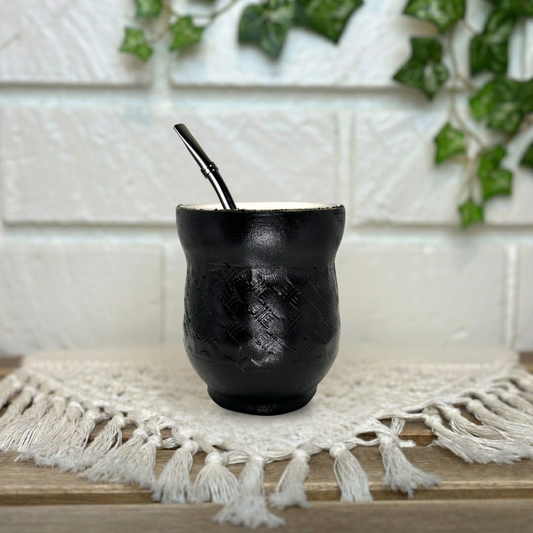 Leather-Wrapped Stainless Steel Yerba Mate Cup with Straw, Cleaning Brush, Black 140 ml