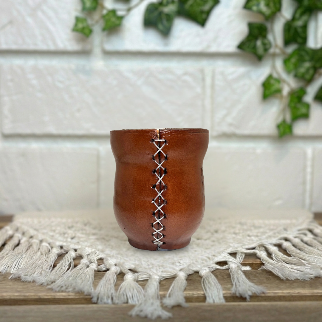 Leather-Wrapped Stainless Steel Yerba Mate Cup with Straw, Cleaning Brush, Brown 140 ml