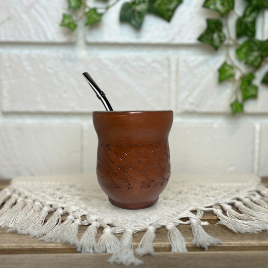 Leather-Wrapped Stainless Steel Yerba Mate Cup with Straw, Cleaning Brush, Brown 140 ml